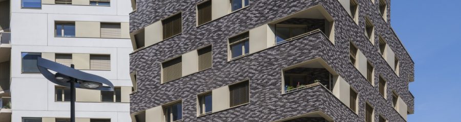 Building with apartments and one-family housings. Buiding with warm colours and a green roof. Immeuble Allure, 66 rue Mstislav Rostropovitch 75017 PARIS. Brick Terca KESS and Ligne Moulée Main Elmore, Forum Cromo, Nero Zwart Mangaan.