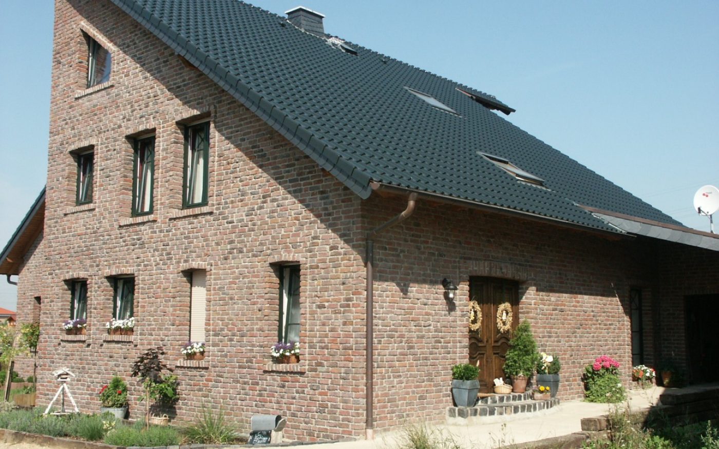 brick, terca, paarsblau mit schmolz, single-family, front view, entrance